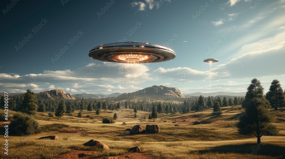 ufo flying close up, copy space, city background in morning day time, Generative AI