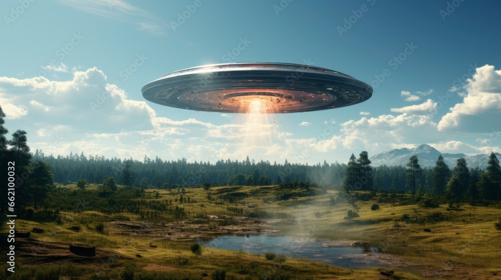 ufo flying close up, copy space, city background in morning day time, Generative AI ufo flying close up, copy space, city background in morning day time, Generative AI