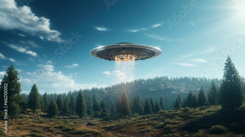 ufo flying close up  copy space  city background in morning day time  Generative AI