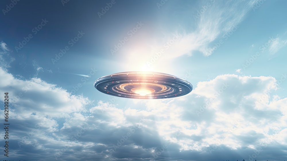 ufo flying close up, copy space, city background in morning day time, Generative AI ufo flying close up, copy space, city background in morning day time, Generative AI