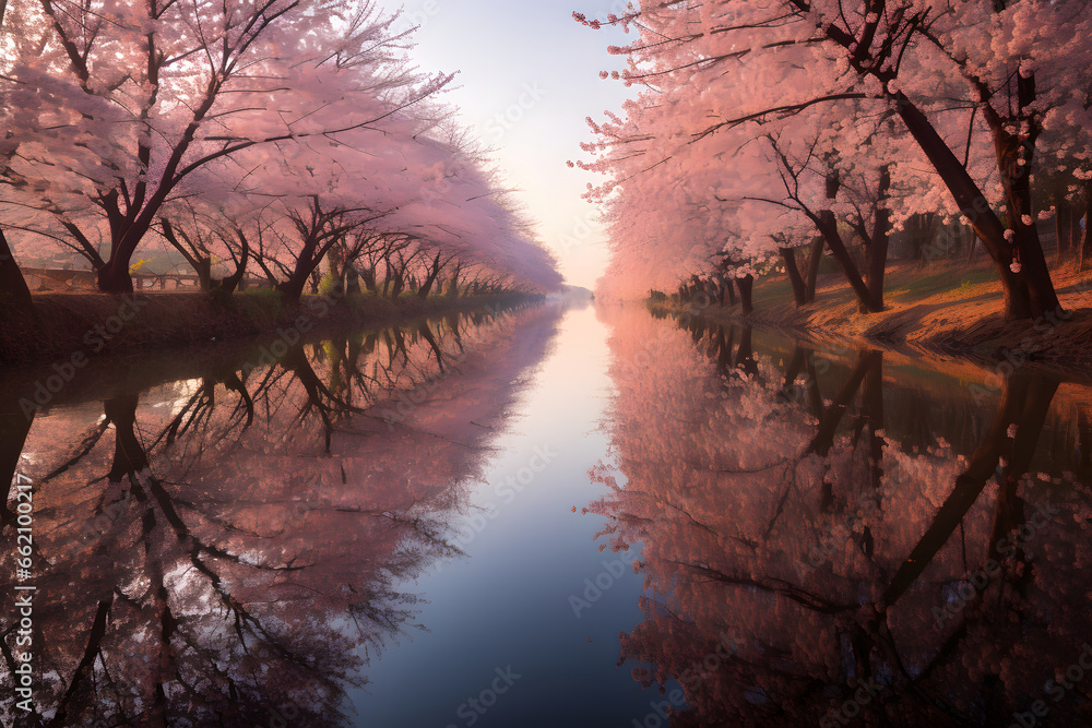 nature Cherry blossom lined of river.