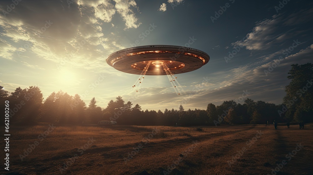 ufo flying close up, copy space, city background in morning day time, Generative AI ufo flying close up, copy space, city background in morning day time, Generative AI
