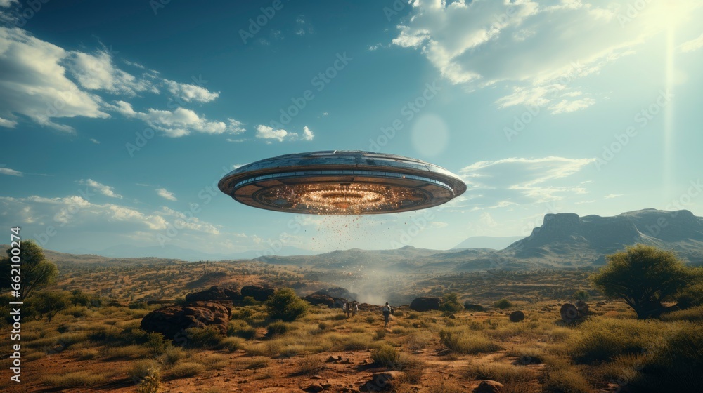 ufo flying close up, copy space, city background in morning day time, Generative AI ufo flying close up, copy space, city background in morning day time, Generative AI
