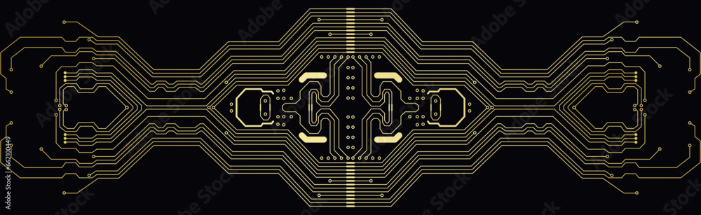 Black and gold technology circuit diagram, vector illustration background - obrazy, fototapety, plakaty 