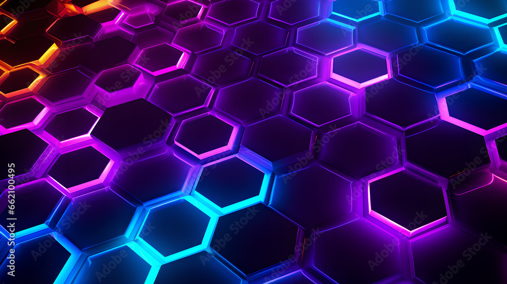 Neon hexagon neon background with different heights and waves of color, 3d pattern, Generative AI Neon hexagon neon background with different heights and waves of color, 3d pattern, Generative AI