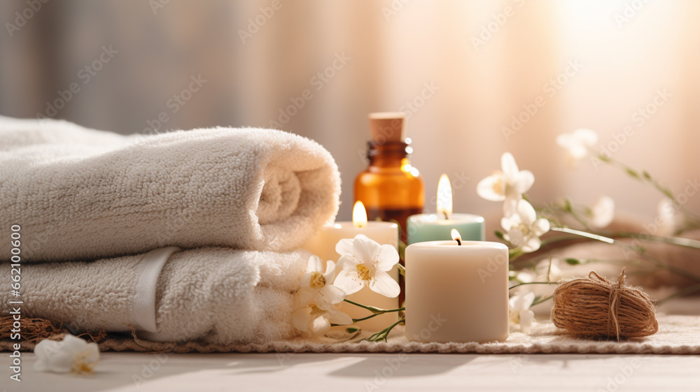 Beautiful spa treatment composition such as Towels, candles, essential oils Beautiful spa treatment composition such as Towels, candles, essential oils