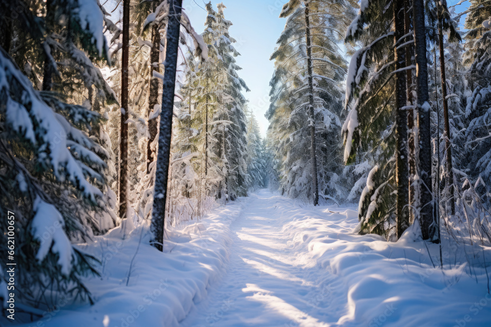Fototapeta premium Trail in winter coniferous forest