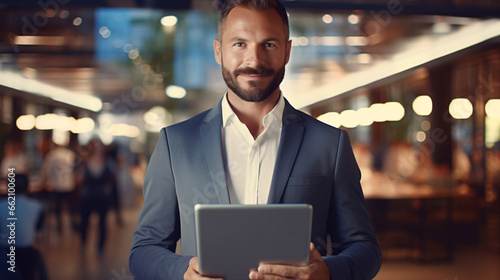 Handsome young businessman using digital tablet