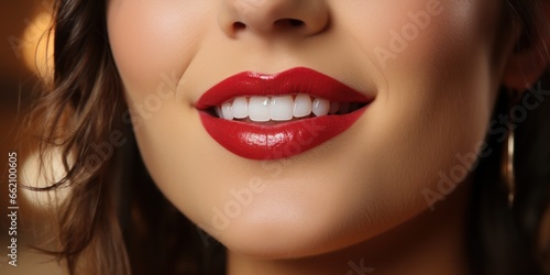 smiling mouth of a young woman with beautiful teeth on her lips  generative AI