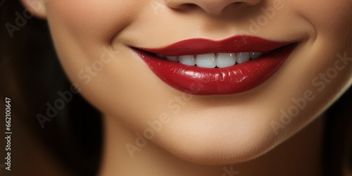 smiling mouth of a young woman with beautiful teeth on her lips, generative AI