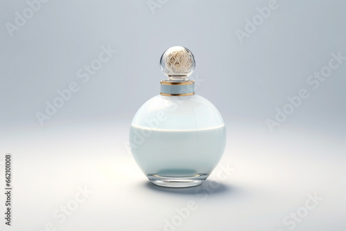 Beautiful transparent, blank and fancy perfume bottle on plain background with copy space. Generative AI