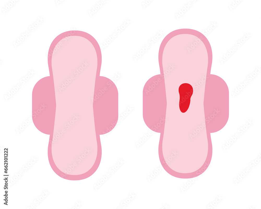 Daily sanitary pad with pathology or menstruation blood and clean icon set isolated on white background. Female blood flow loss on napkin. Flat design vector feminine hygiene concept illustration. Daily sanitary pad with pathology or menstruation blood and clean icon set isolated on white background. Female blood flow loss on napkin. Flat design vector feminine hygiene concept illustration.