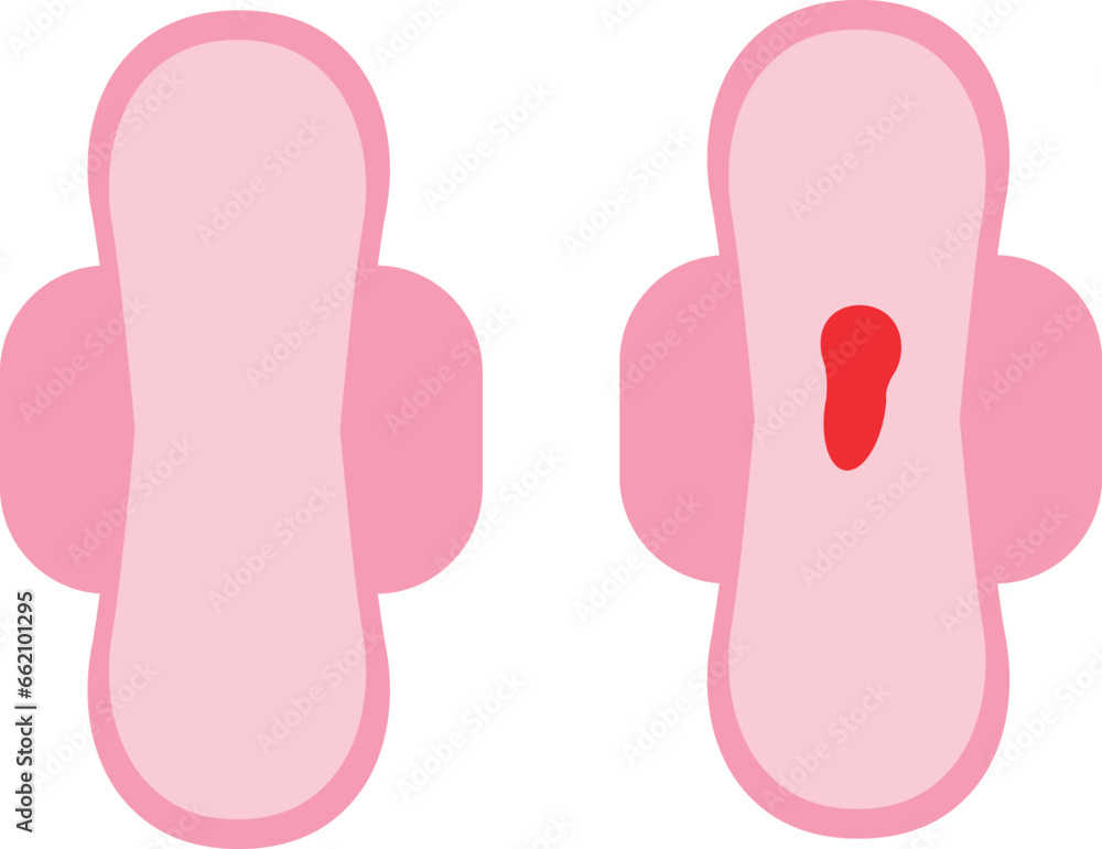 Daily sanitary pad with pathology or menstruation blood and clean icon set isolated on white background. Female blood flow loss on napkin. Flat design vector feminine hygiene concept illustration. Daily sanitary pad with pathology or menstruation blood and clean icon set isolated on white background. Female blood flow loss on napkin. Flat design vector feminine hygiene concept illustration.
