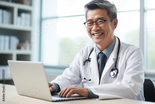 A middle age doctor writing on his laptop, looking at his laptop,background blur. Generative AI.