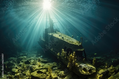 Wreck of the ship with scuba diver in the undersea background