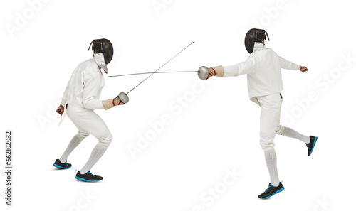 Digital png photo of two swordsmen during fight on transparent background