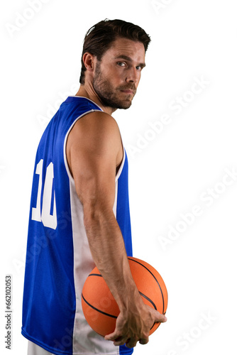 Digital png photo of serious biracial basketball player holding ball on transparent background