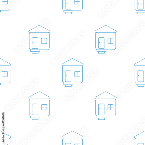 Digital png illustration of blue houses repeated on transparent background