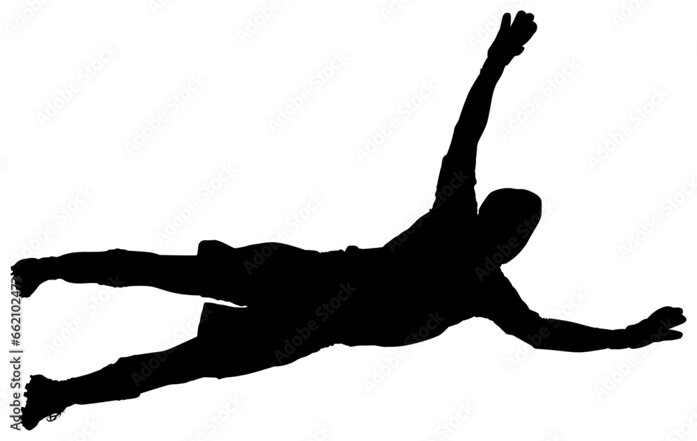 Digital png silhouette of goalkeeper with gloves jumping on transparent background Digital png silhouette of goalkeeper with gloves jumping on transparent background