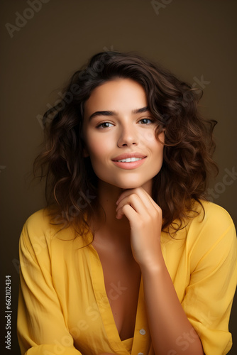 A very charming woman looking directly at camera, Attractive woman model wearing yellow dress. Smiling lady