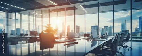 beautiful blurred background of a light modern office interior with panoramic windows and beautiful lighting, Generative AI