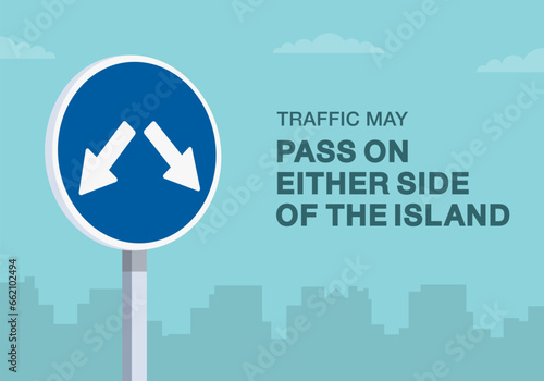 Safe driving tips and traffic regulation rules. Traffic may pass on either side of the island road sign. Close-up view. Flat vector illustration template.