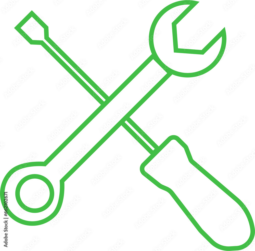 Digital png illustration of green wrench and screwdriver on transparent background Digital png illustration of green wrench and screwdriver on transparent background