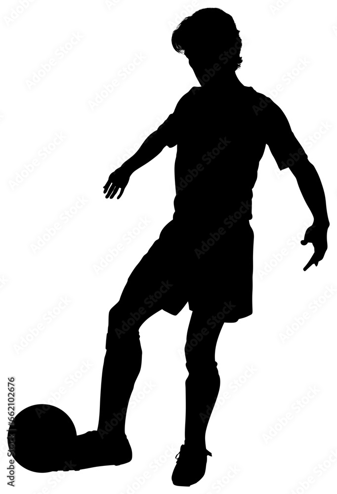 Digital png illustration of silhouette of male footballer kicking ball on transparent background