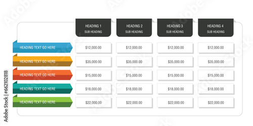 Table price template. Comparison plan chart. Vector. Pricing data grid with 5 columns. Checklist compare tariff banner.