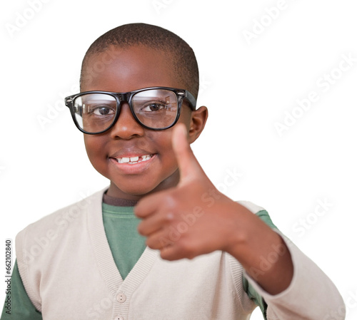 Digital png photo of happy african american boy showing thumb up on transparent background