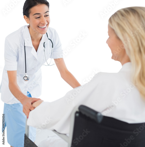 Digital png photo of caucasian female doctor with woman in wheelchair on transparent background