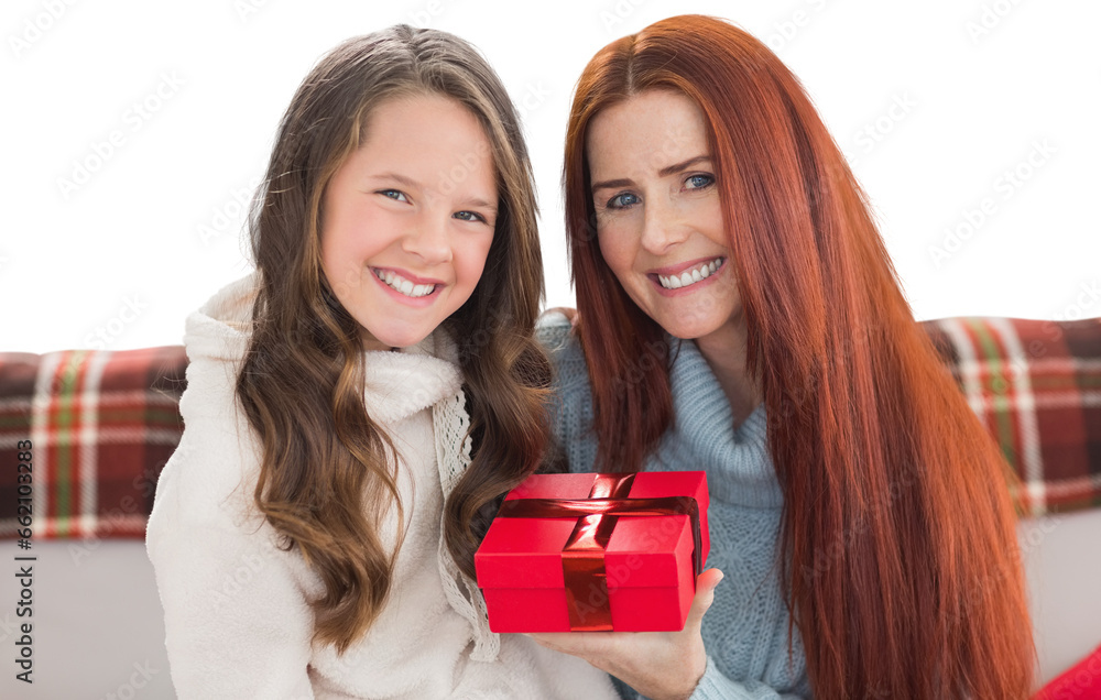 Digital png photo of caucasian mother and daughter with present on transparent background Digital png photo of caucasian mother and daughter with present on transparent background