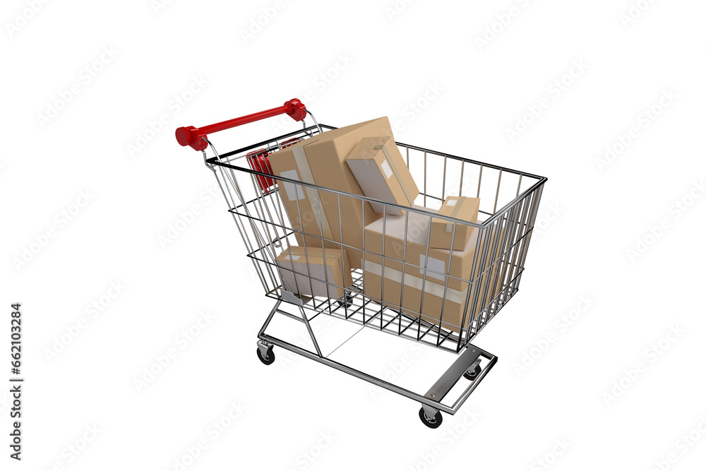 Digital png illustration of shopping trolley with boxes on transparent background