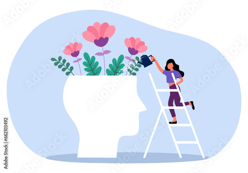 Mental health. Healthy mentality. Keep balance between work and personal life. Man watering flowers in head.