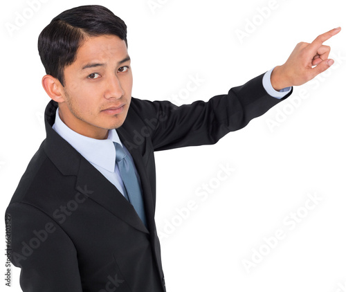 Digital png photo of caucasian businessman pointing finger on transparent background photo