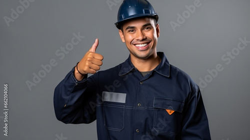 Portrait of happy   worker showing thumb up over grey background