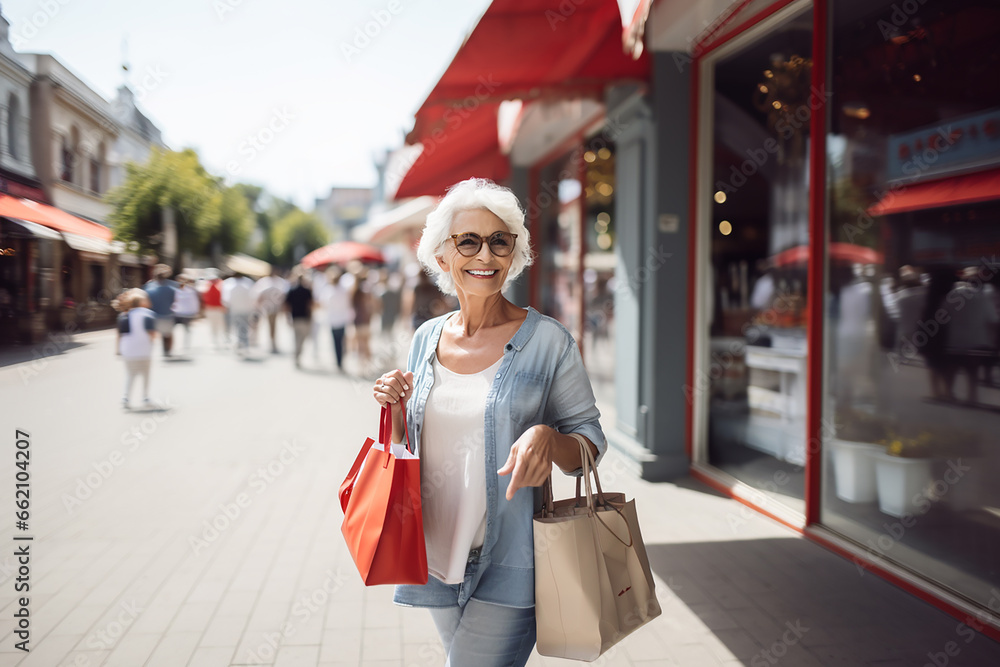 An elderly beautiful woman with white gray hair and glasses with bright frames walks down the street with shopping bags from stores after shopping - obrazy, fototapety, plakaty 
