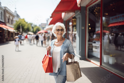 An elderly beautiful woman with white gray hair and glasses with bright frames walks down the street with shopping bags from stores after shopping
