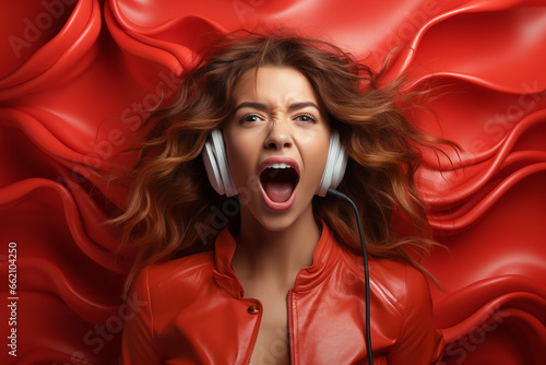 a young girl in a red leather suit and headphones sings loudly, screams on a red background