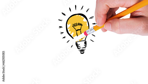 Digital png illustration of light bulb erased by pencil held in hand on transparent background