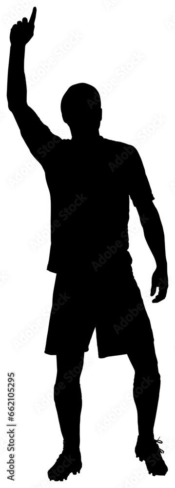 Digital png silhouette of football player pointing finger up on transparent background