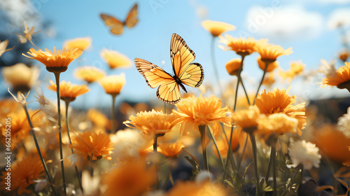 Cheerful buoyant spring summer shot of yellow Santolina flowers and butterflies in meadow in nature outdoors on bright sunny day, macro. Soft selective focus © Planetz
