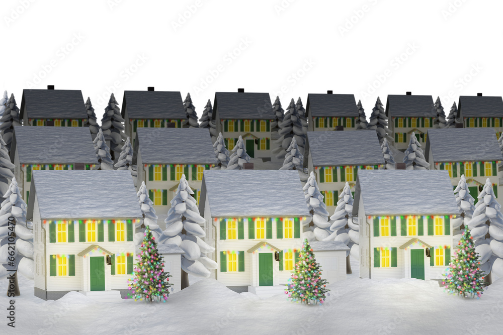 Obraz premium Digital png illustration of row of houses with snow and christmas trees on transparent background