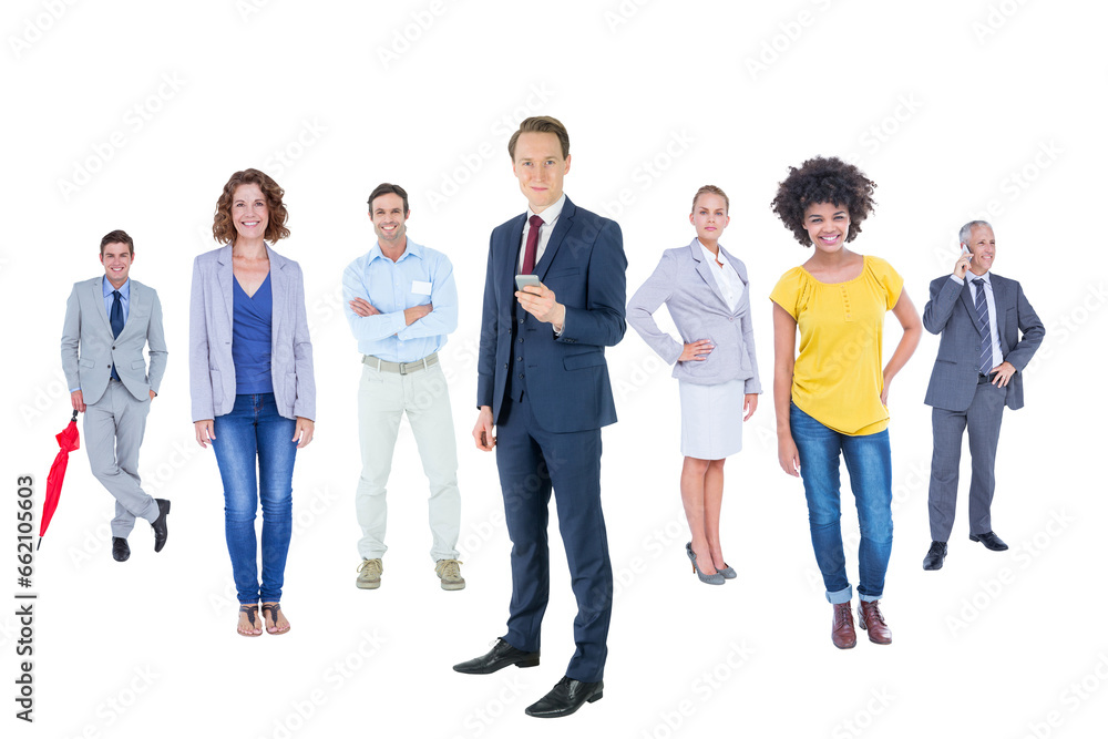 Digital png photo of women and men standing and smiling on transparent background