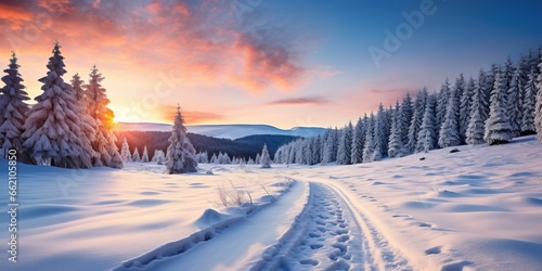 Fantastic winter landscape glowing by sunlight. Dramatic wintry scene.