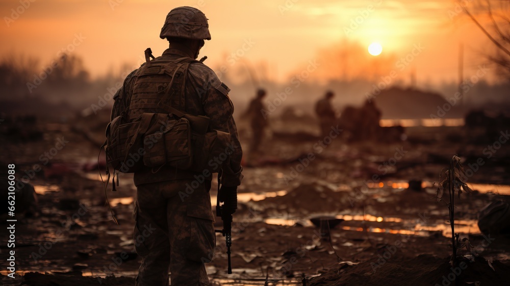 Army special forces soldier in action at sunset. battlefield. Army special forces soldier in action at sunset. battlefield.