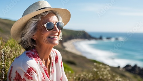 Portrait of smiling senior woman in hat and sunglasses at the beach