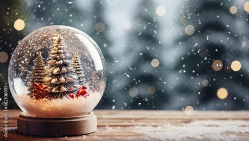 Snow globe with christmas tree and snowflakes on wooden background