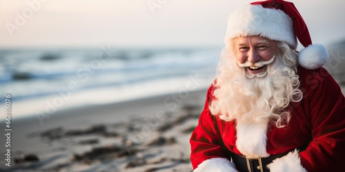 Portrait of smiling santa claus on the beach at Christmas time photo