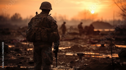 Army special forces soldier in action at sunset. battlefield.